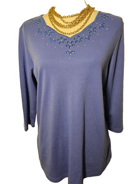 Quacker Factory Womens Blue Medium 3/4 Sleeve Embroidered Rhinestone Shirt Top